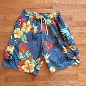 Men’s Panama Jack Grey Tropical Hibiscus Flower Swim Trunks / Shorts ~ Large